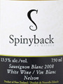 2008 Spinyback, Sauvignon Blanc, Nelson, New Zealand