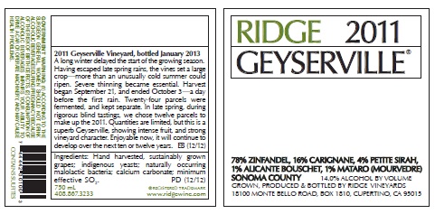 Ridge Vineyards Geyserville 2011 Label Ridge Geyserville 2011 Label